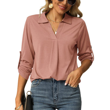 Casual Long Sleeve Shirt Collar Plain Loose Regular Blouse