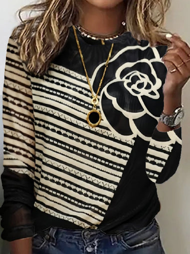 Loose Long Sleeve Crew Neck Floral Casual Regular Blouse
