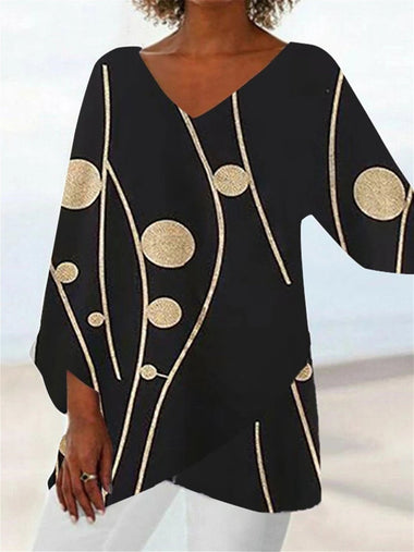 Loose Three Quarter Sleeve V Neck Printed Casual Mid-Long Blouse