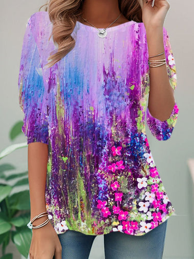 Casual Long Sleeve Crew Neck Pop Art Print Floral Loose Regular Blouse