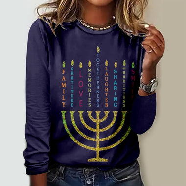 Loose Long Sleeve Crew Neck Geometric Casual Regular T-Shirt
