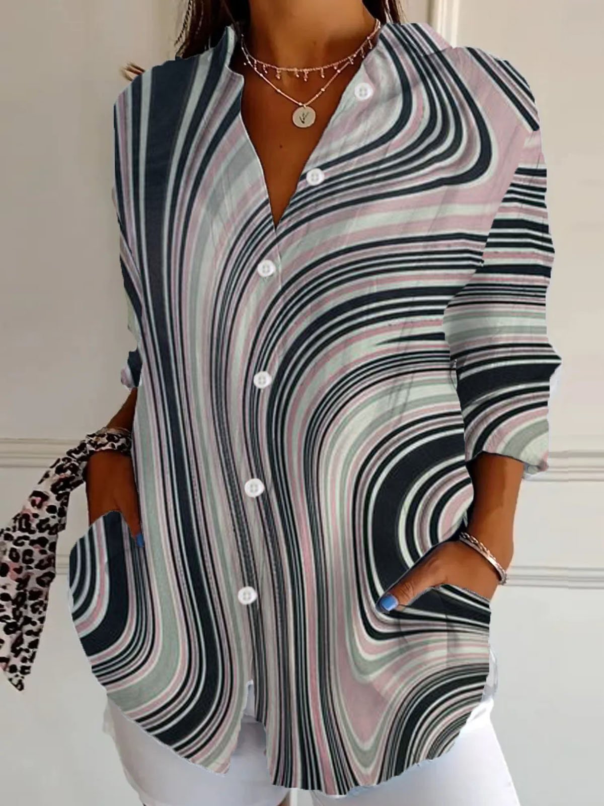 Casual Long Sleeve Shirt Collar Geometric Loose Regular Shirt