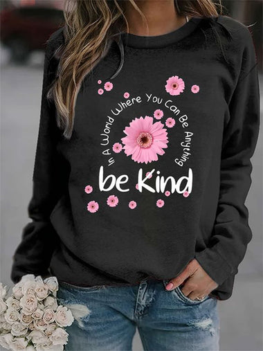 Casual Long Sleeve Crew Neck Floral Text Letters Loose Regular Sweatshirt