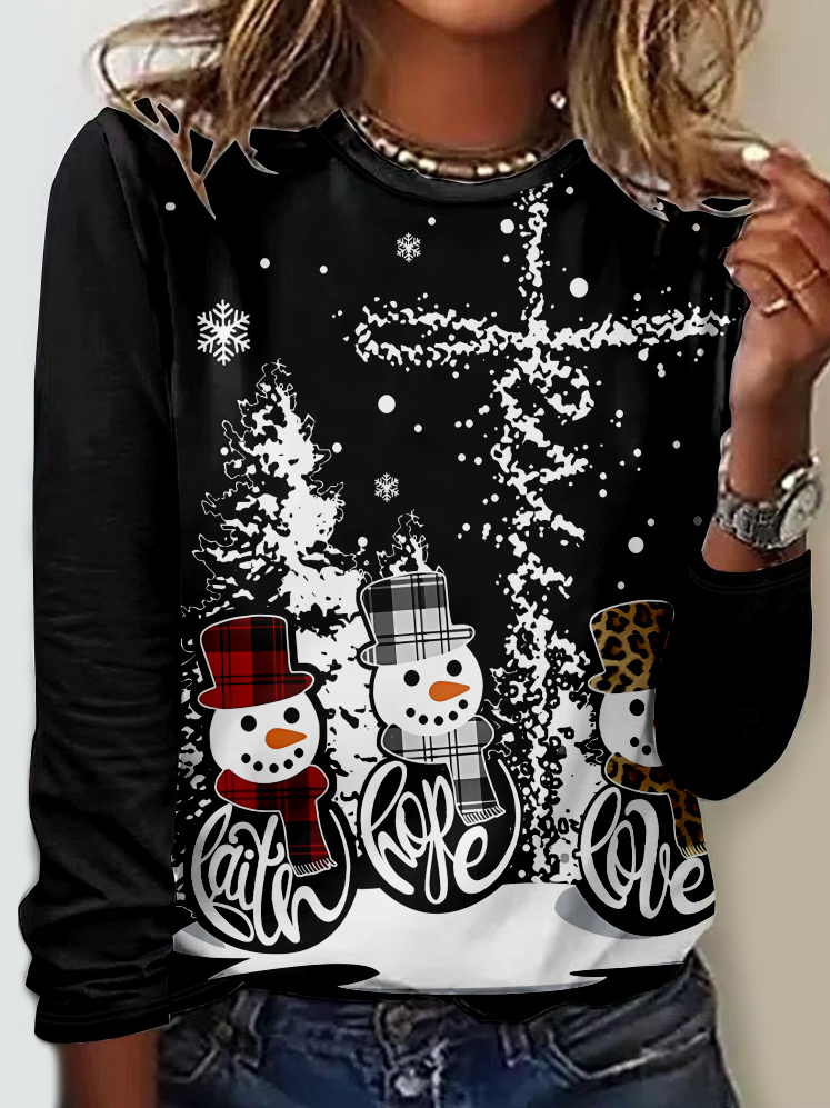 Loose Long Sleeve Crew Neck Christmas Casual Regular T-Shirt