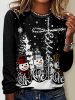 Loose Long Sleeve Crew Neck Christmas Casual Regular T-Shirt
