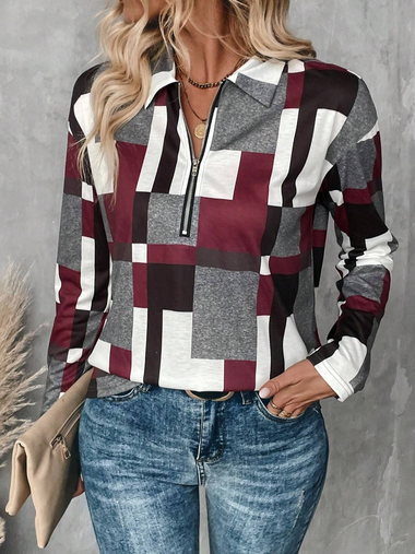 Casual Long Sleeve Shirt Collar Plain Loose Regular Blouse