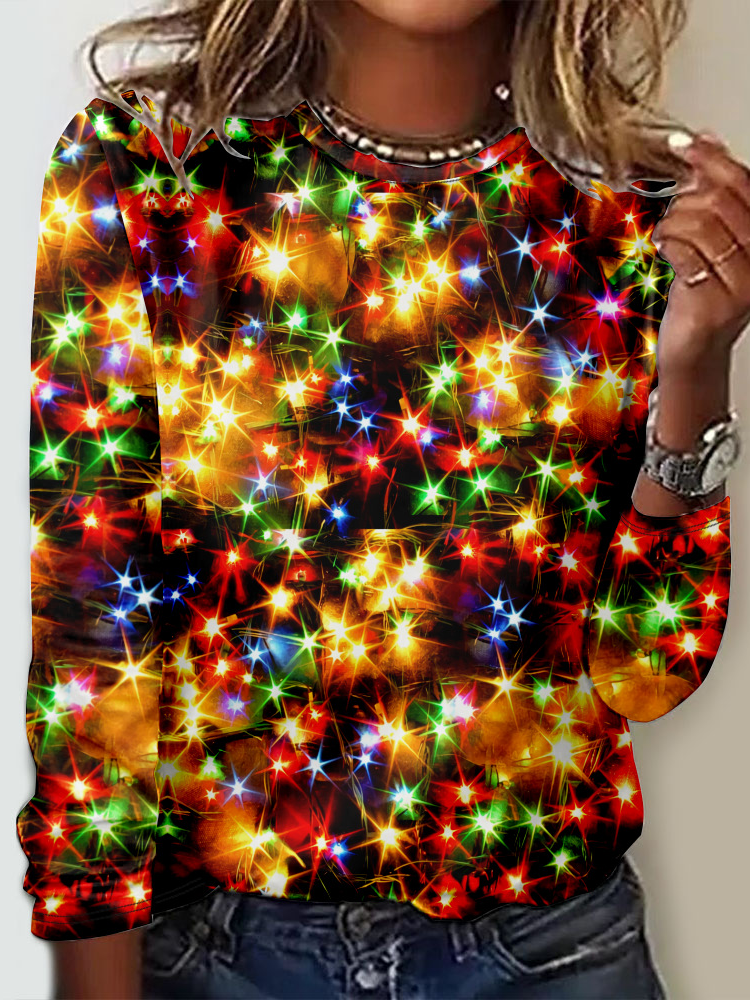 Loose Long Sleeve Crew Neck Geometric Casual Regular T-Shirt