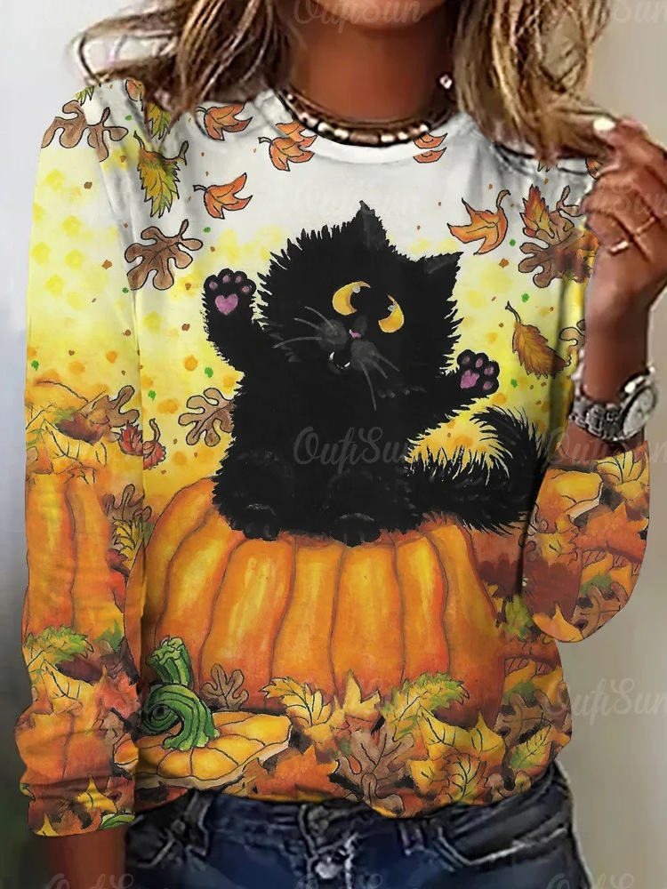Casual Long Sleeve Crew Neck Cat Loose Regular T-Shirt
