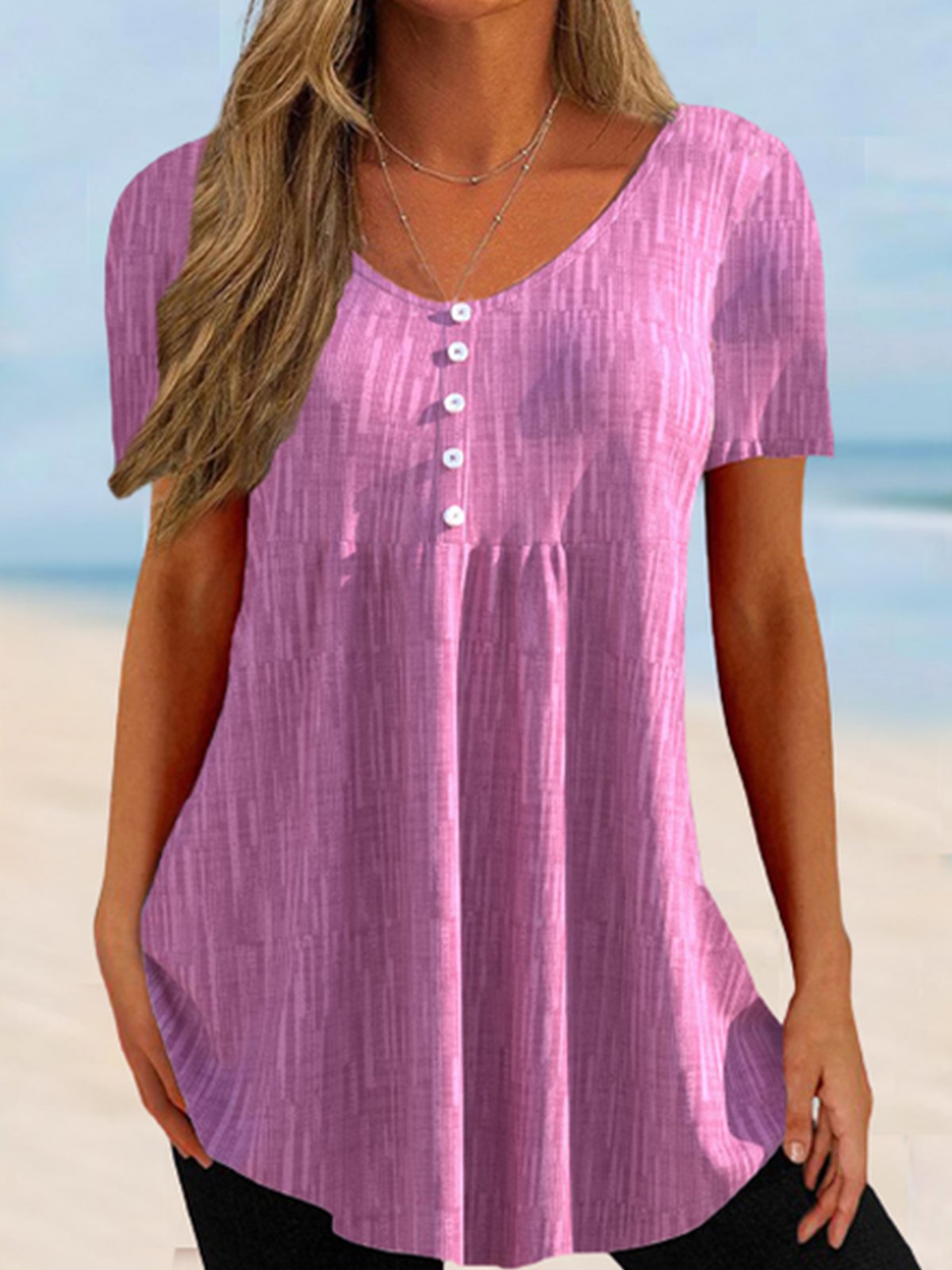 Loose V Neck Short Sleeve Plain Vacation Regular T-Shirt