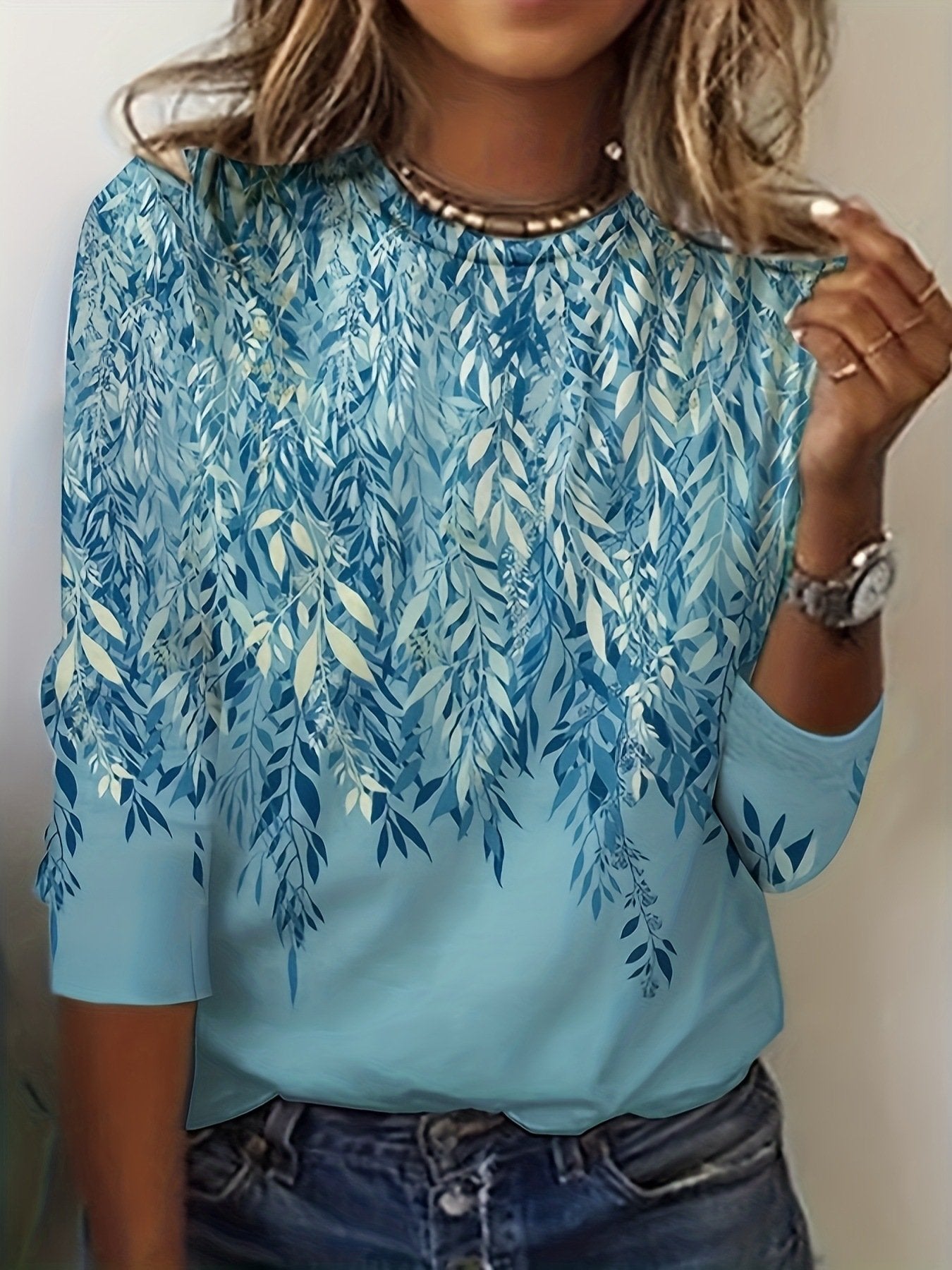 Casual Long Sleeve Crew Neck Leaf Loose Regular T-Shirt