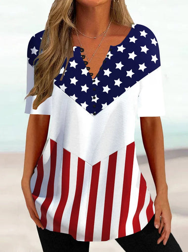 Casual Half Sleeve V Neck America Flag Loose Regular Blouse