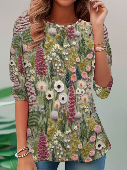 Loose Long Sleeve Crew Neck Floral Casual Regular Blouse