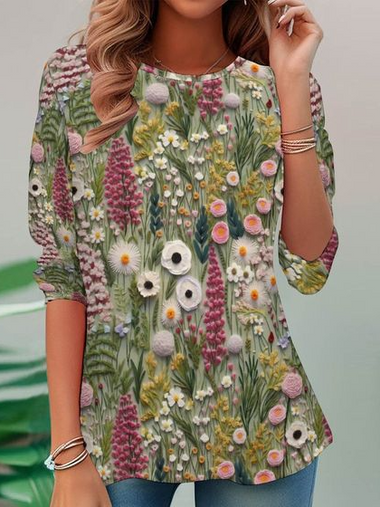 Loose Long Sleeve Crew Neck Floral Casual Regular Blouse