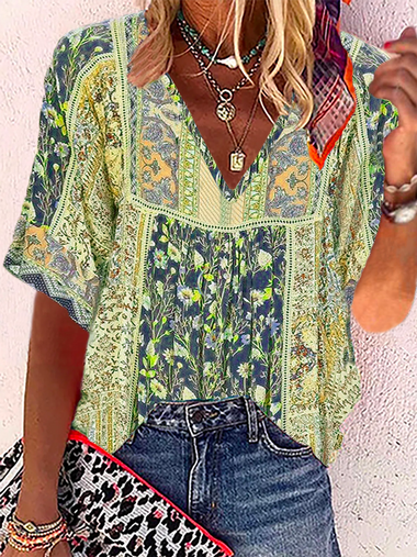 Loose Short Sleeve V Neck Floral Casual Regular Blouse