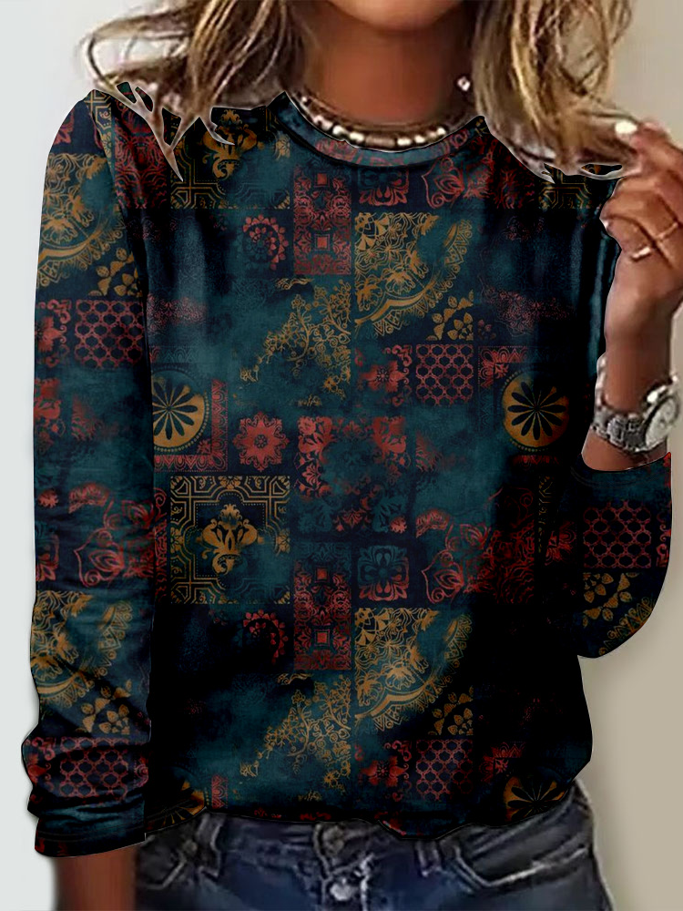 Casual Long Sleeve Crew Neck Ethnic Loose Regular T-Shirt