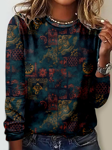 Casual Long Sleeve Crew Neck Ethnic Loose Regular T-Shirt