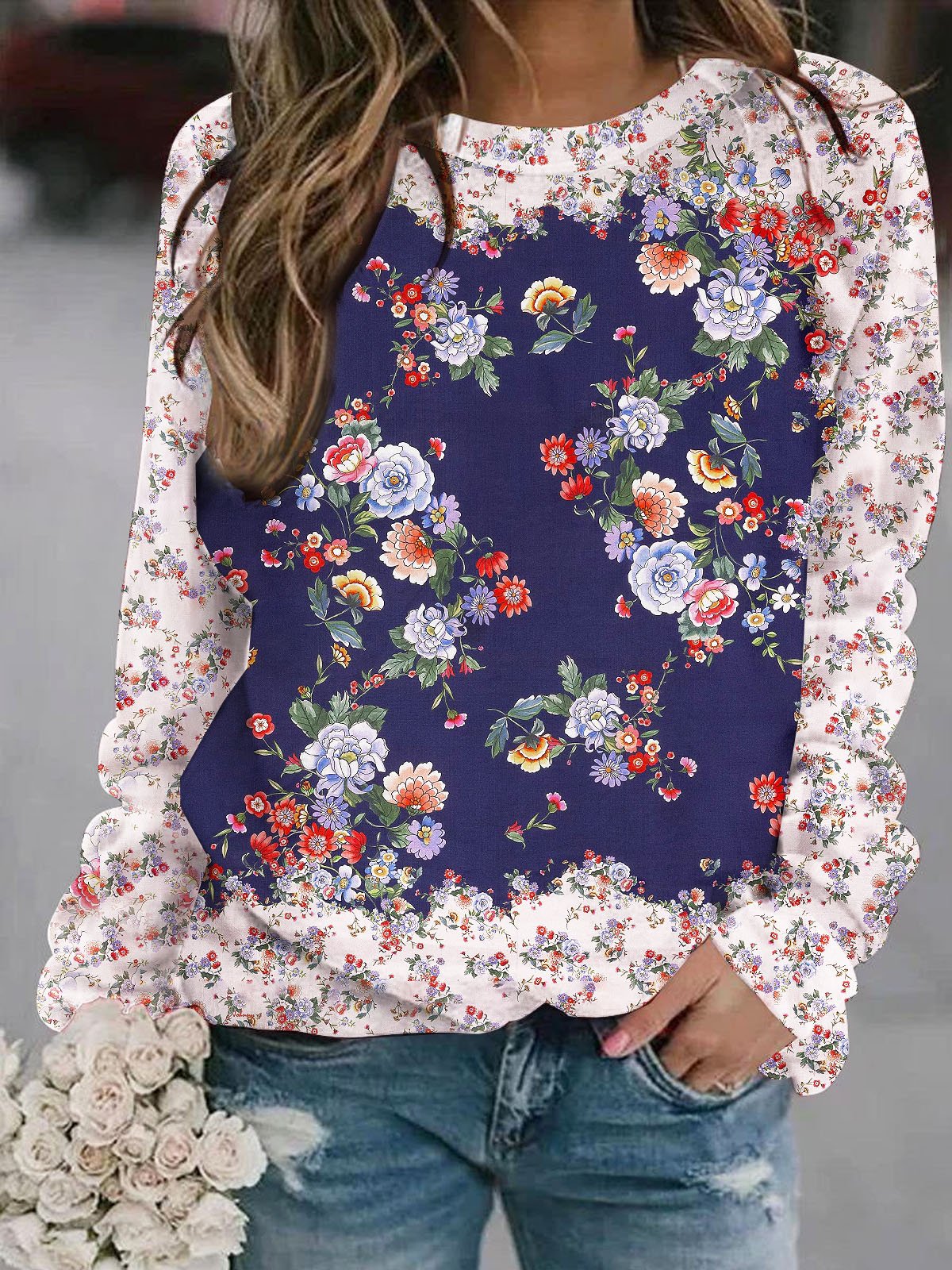 Loose Long Sleeve Crew Neck Floral Casual Regular Sweatshirt