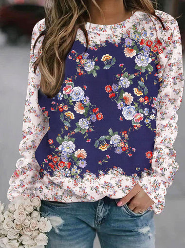 Loose Long Sleeve Crew Neck Floral Casual Regular Sweatshirt