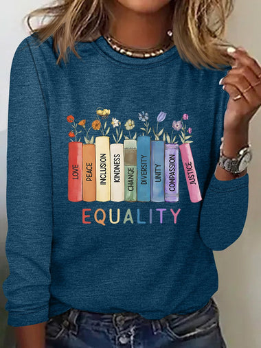 Loose Long Sleeve Crew Neck Floral Casual Regular T-Shirt