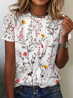 Loose Short Sleeve Crew Neck Floral Casual Regular Blouse