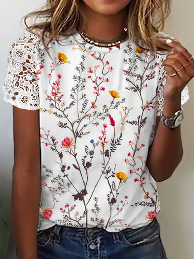 Loose Short Sleeve Crew Neck Floral Casual Regular Blouse