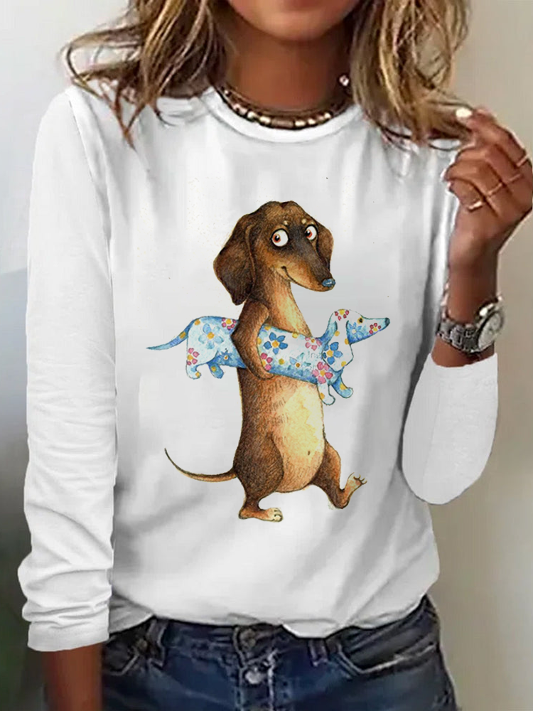 Loose Long Sleeve Crew Neck Dog Casual Regular T-Shirt