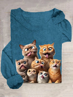 Casual Long Sleeve Crew Neck Cat Loose Regular T-Shirt