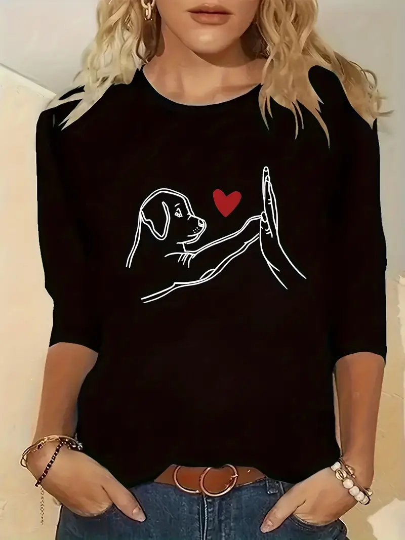 Casual Long Sleeve Crew Neck Dog Loose Regular T-Shirt
