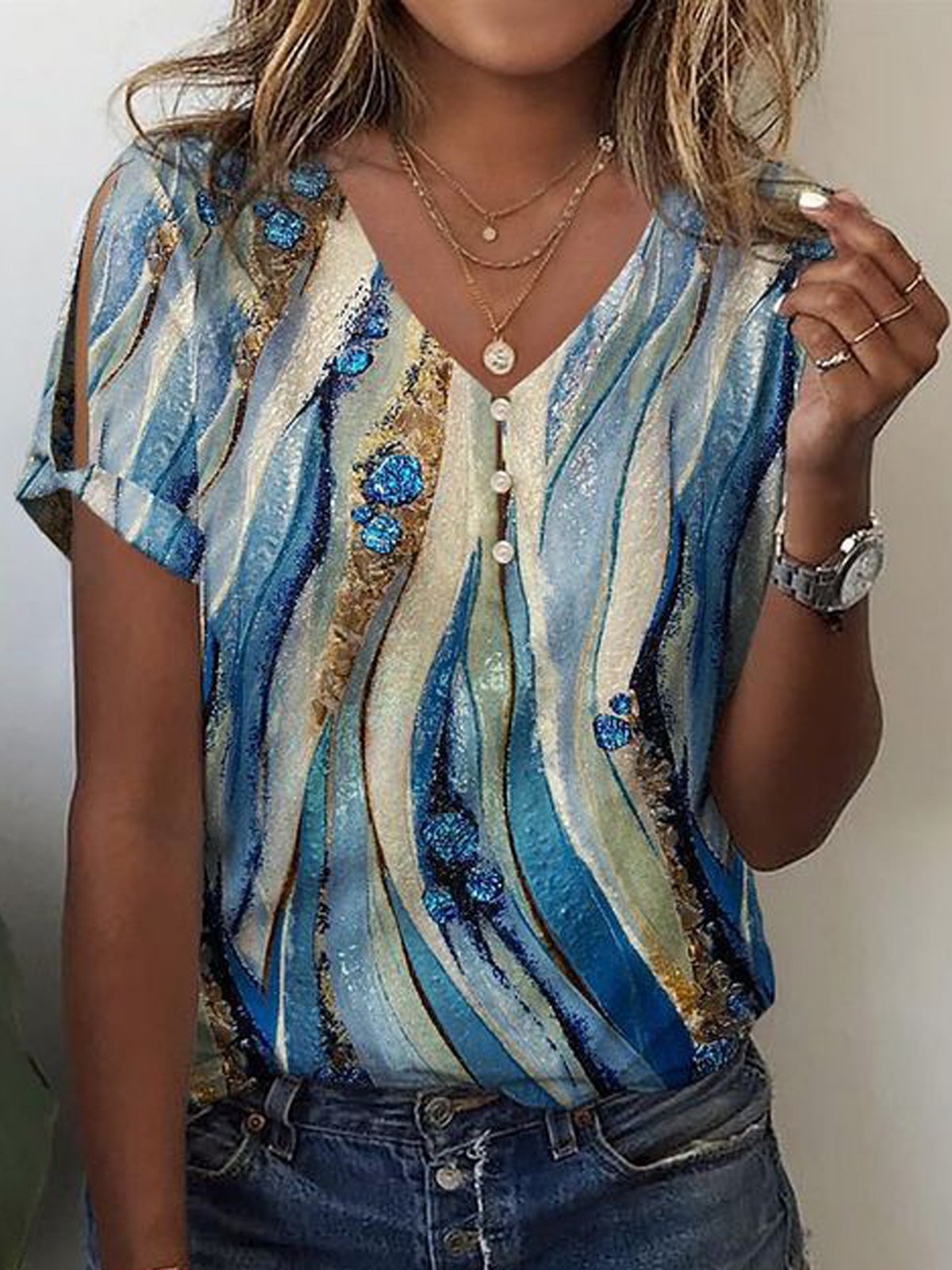 Casual Short Sleeve V Neck Abstract Loose Regular T-Shirt