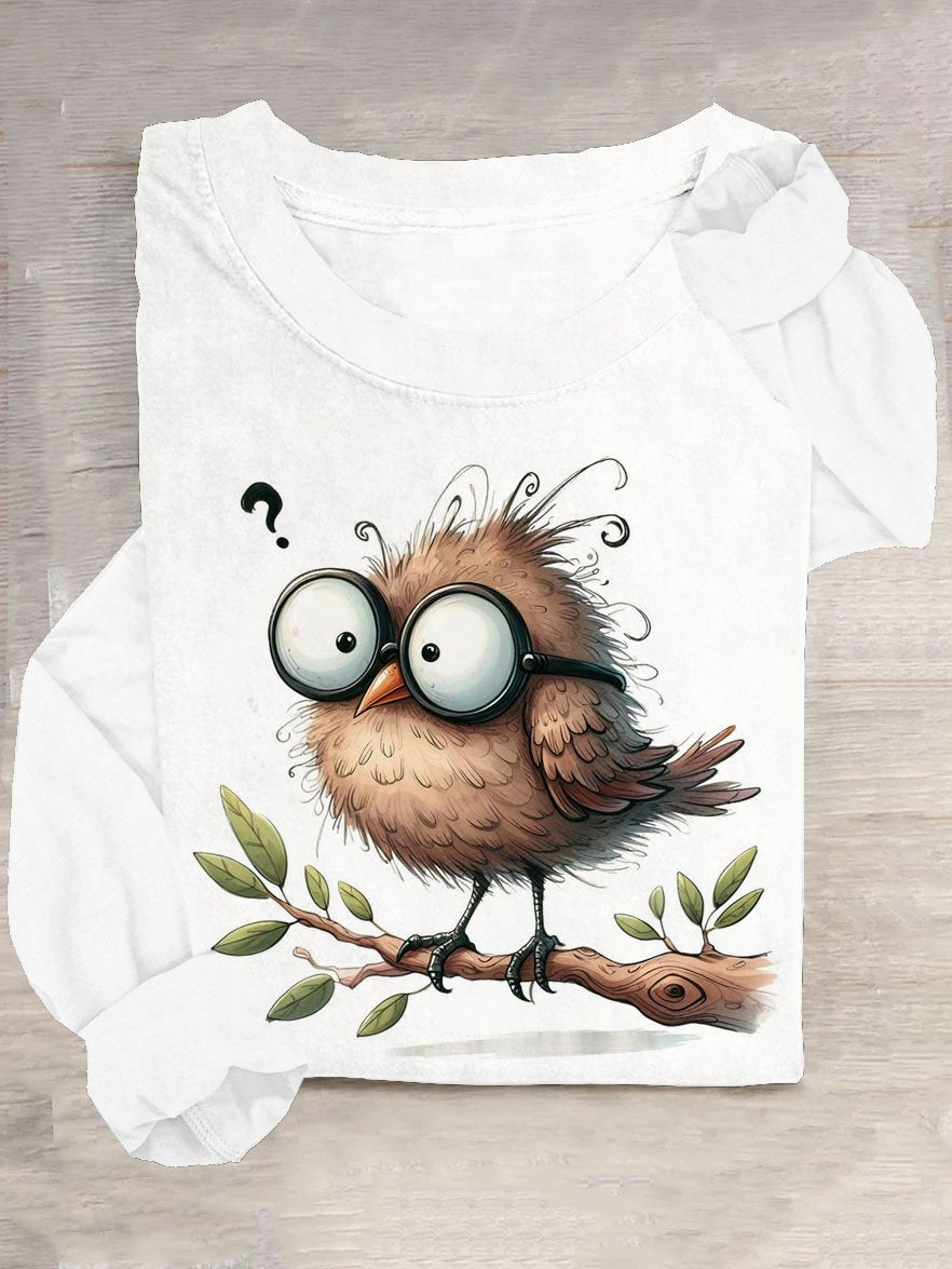 Casual Long Sleeve Crew Neck Bird Loose Regular T-Shirt