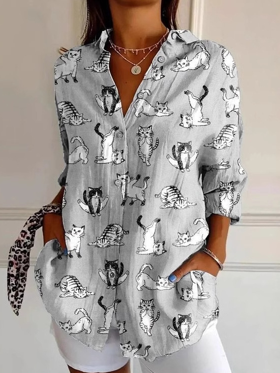 Casual Long Sleeve Shirt Collar Geometric Floral Loose Regular Shirt