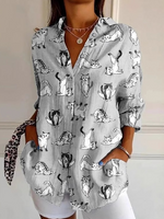 Casual Long Sleeve Shirt Collar Geometric Floral Loose Regular Shirt