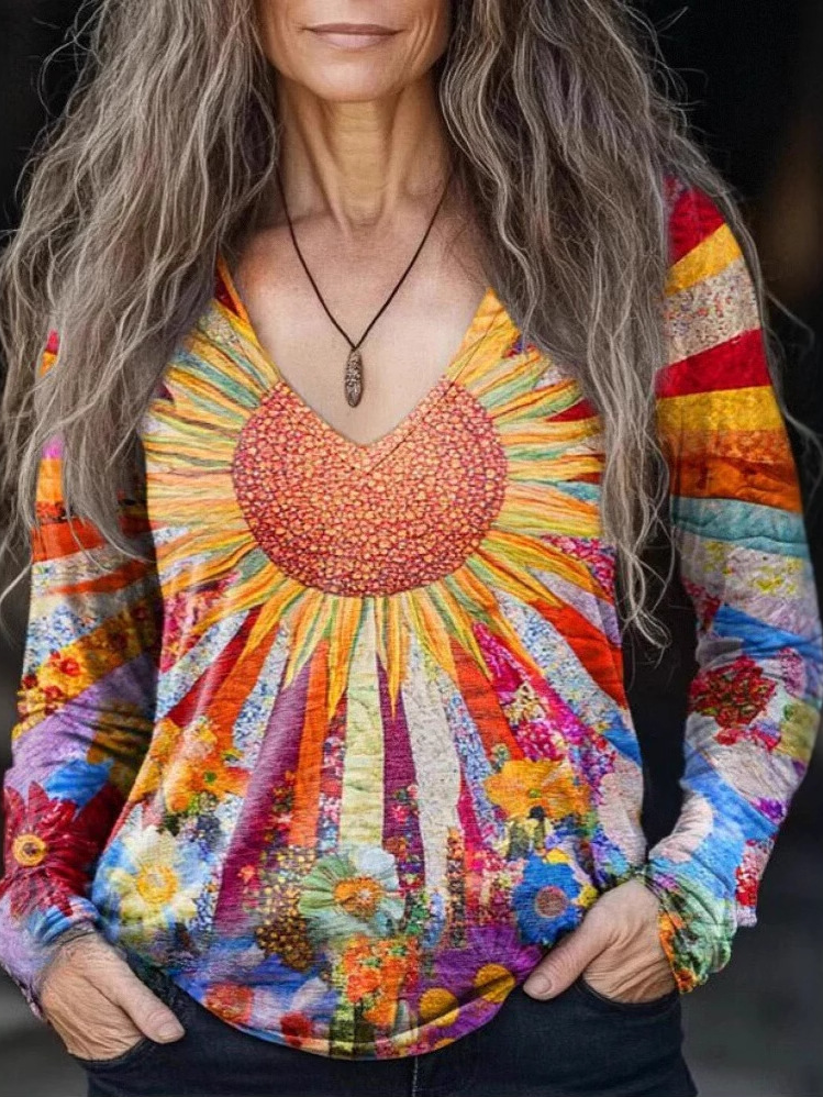 Loose Long Sleeve Crew Neck Geometric Casual Regular T-Shirt