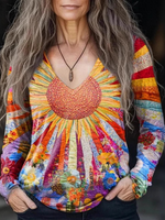 Loose Long Sleeve Crew Neck Geometric Casual Regular T-Shirt