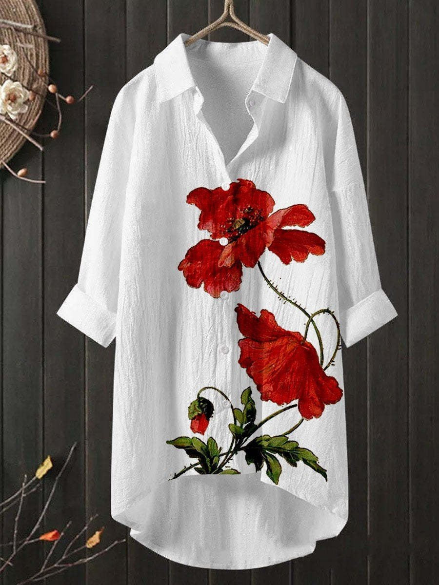 Casual Long Sleeve Shirt Collar Floral Loose Mid-Long Shirt