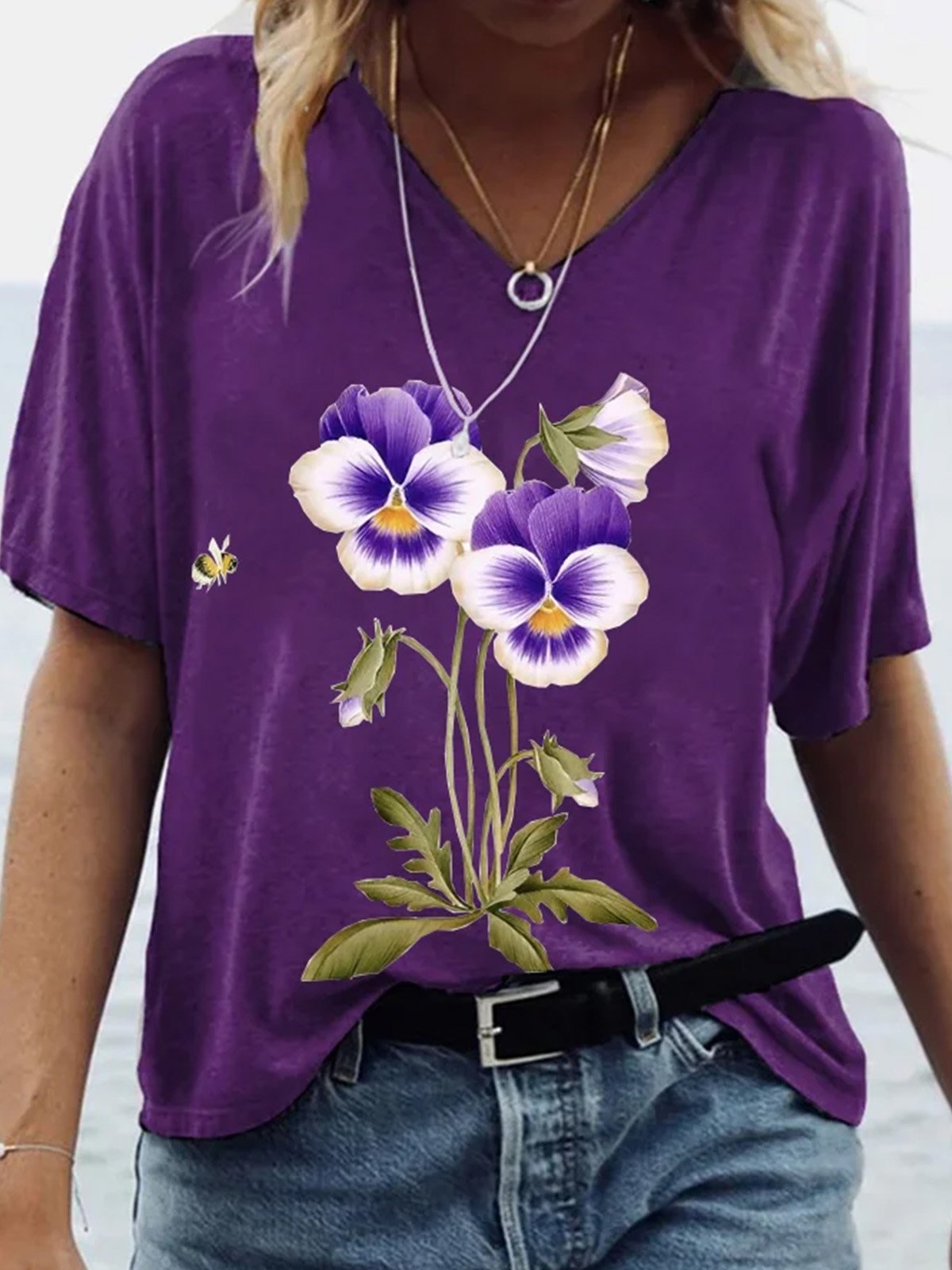 Casual Short Sleeve V Neck Floral Loose Regular T-Shirt
