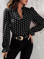 Casual Long Sleeve Stand Collar Polka Dots Loose Mid-Long Blouse