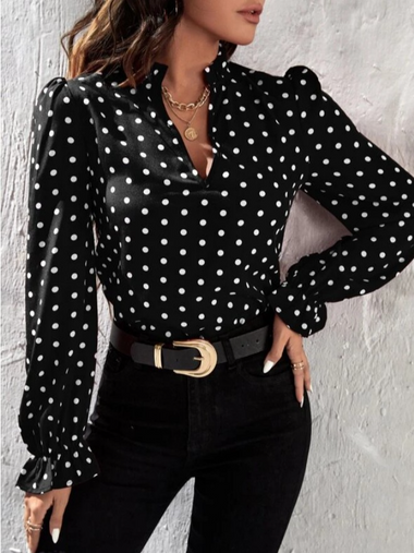 Casual Long Sleeve Stand Collar Polka Dots Loose Mid-Long Blouse