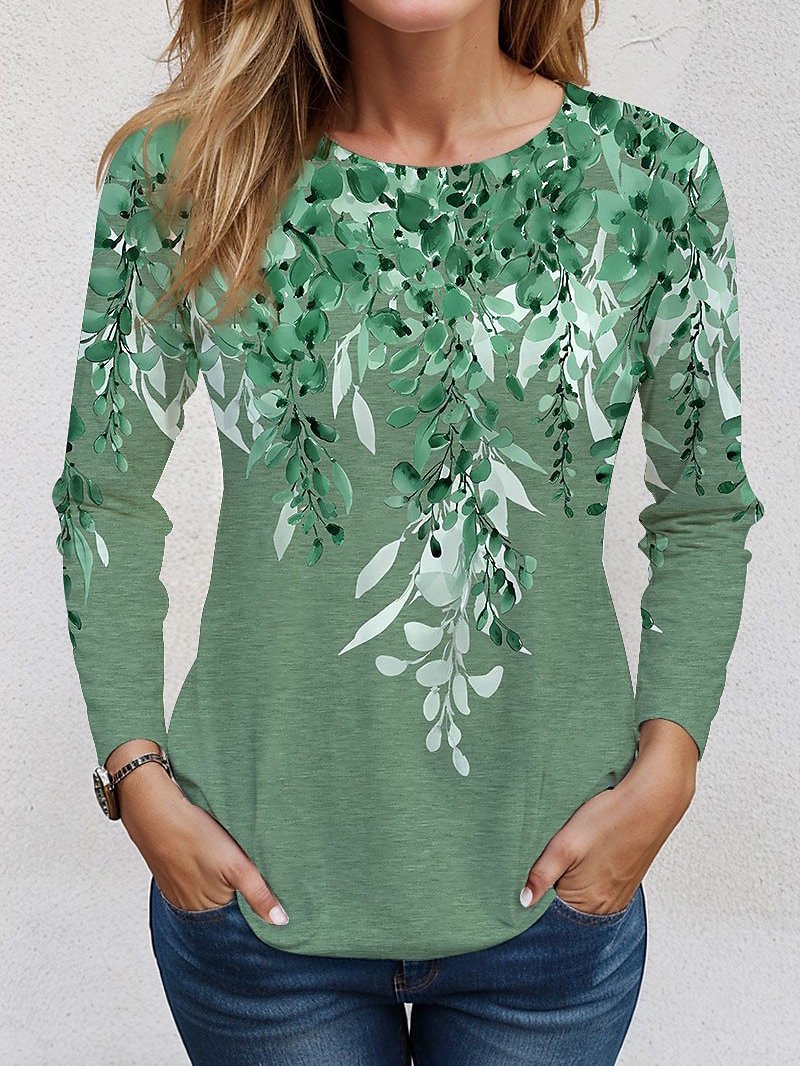 Casual Long Sleeve Crew Neck Leaf Loose Regular T-Shirt