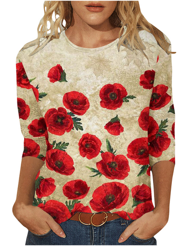 Casual Long Sleeve Crew Neck Floral Loose Regular Blouse