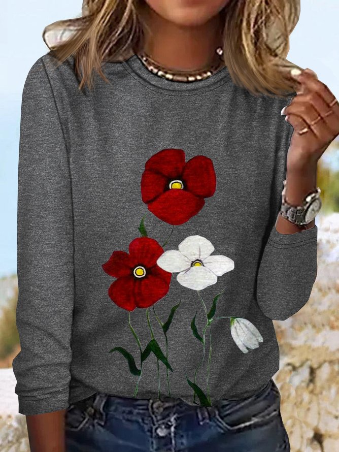 Casual Long Sleeve Crew Neck Floral Loose Regular T-Shirt