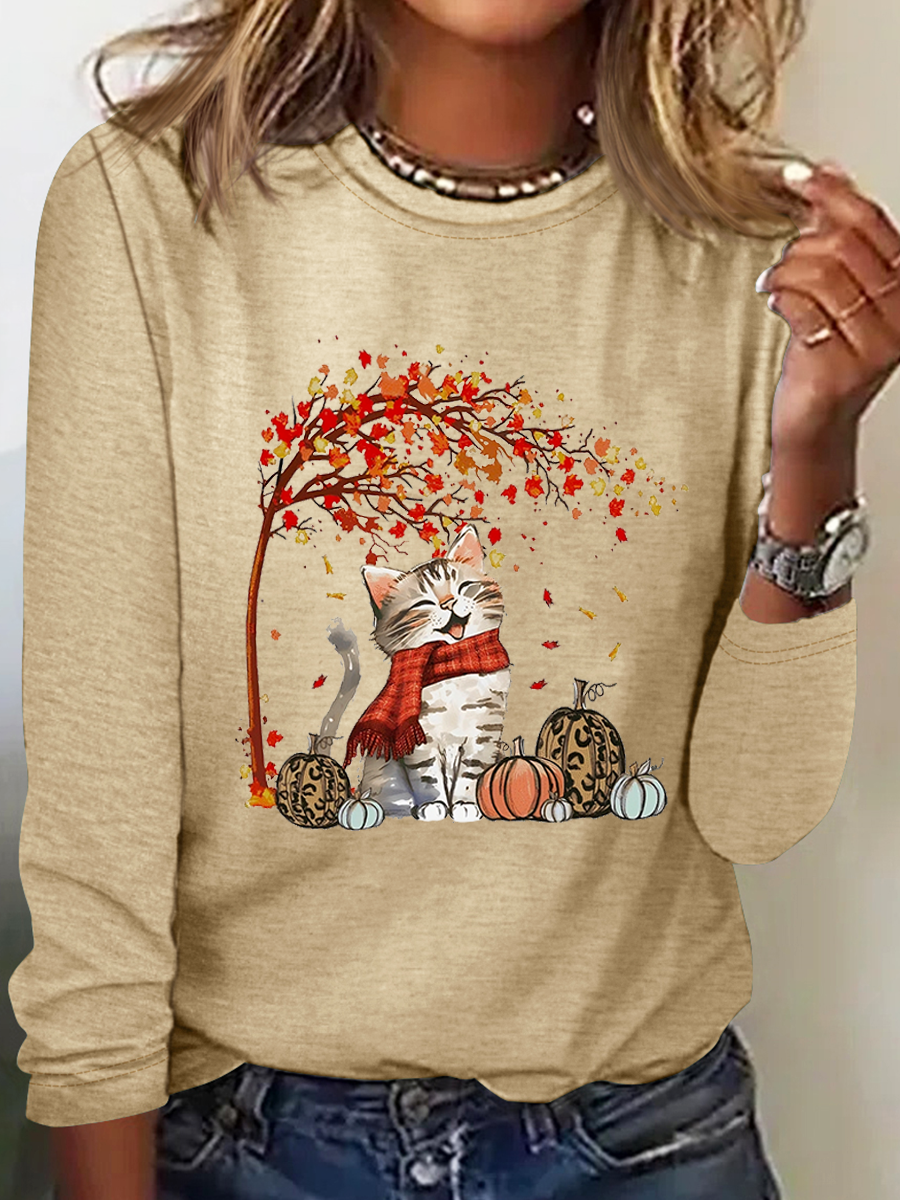 Long Sleeve Crew Neck Cat Casual Regular Blouse