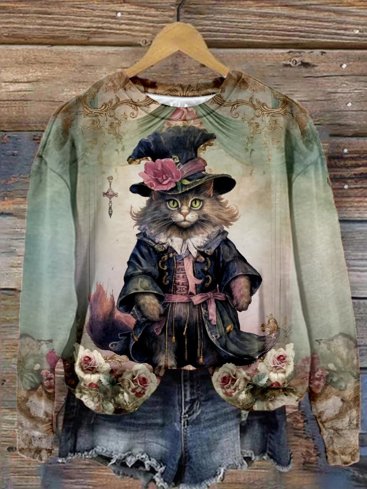 Loose Long Sleeve Crew Neck Floral Cat Casual Regular Sweatshirt