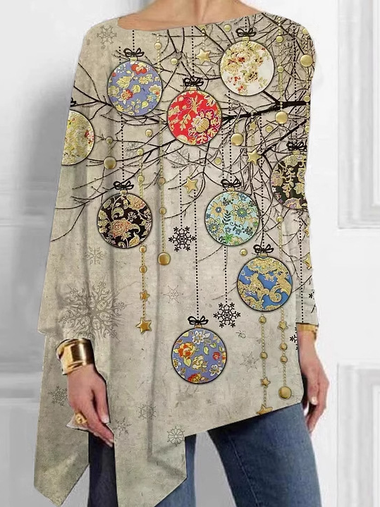 Casual Long Sleeve Crew Neck Christmas Loose Mid-Long Blouse