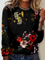 Loose Long Sleeve Crew Neck Floral Casual Regular T-Shirt