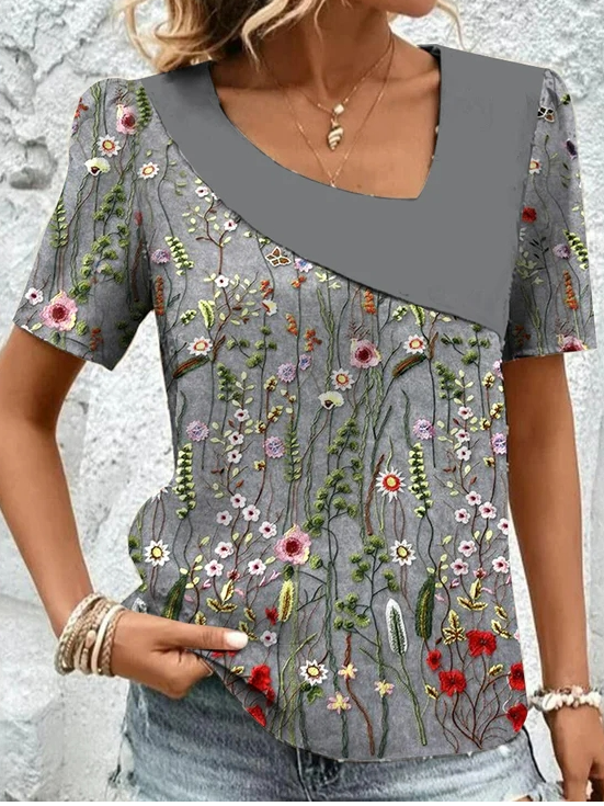 Casual Short Sleeve Asymmetrical Floral Loose Regular Blouse