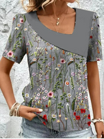 Casual Short Sleeve Asymmetrical Floral Loose Regular Blouse