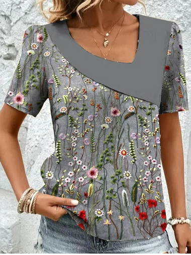 Casual Short Sleeve Asymmetrical Floral Loose Regular Blouse