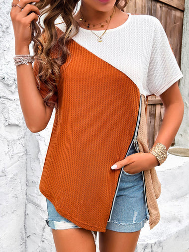 Casual Short Sleeve Crew Neck Plain Zipper Loose Regular Blouse