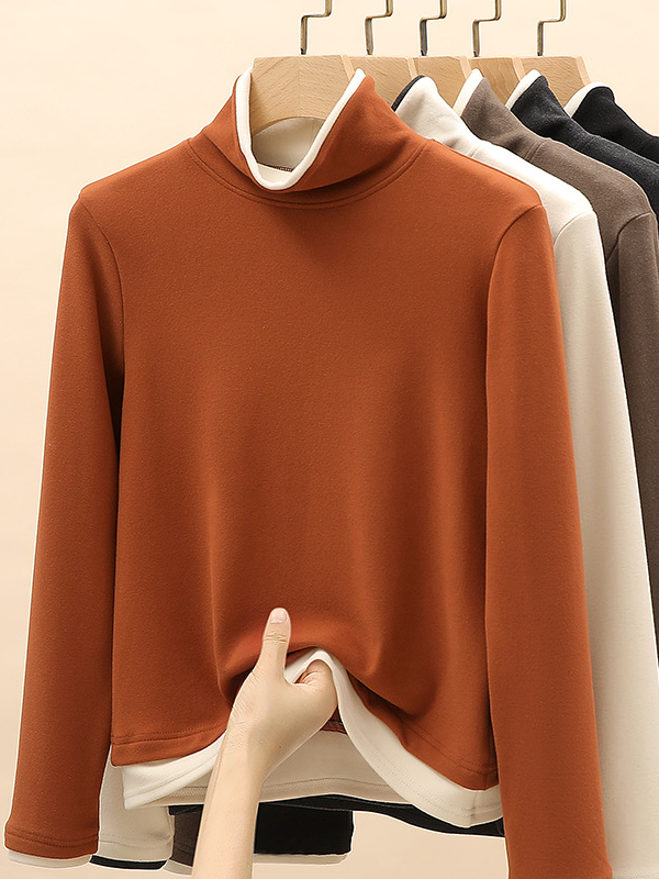 Casual Long Sleeve Turtleneck Color Block Loose Regular T-Shirt